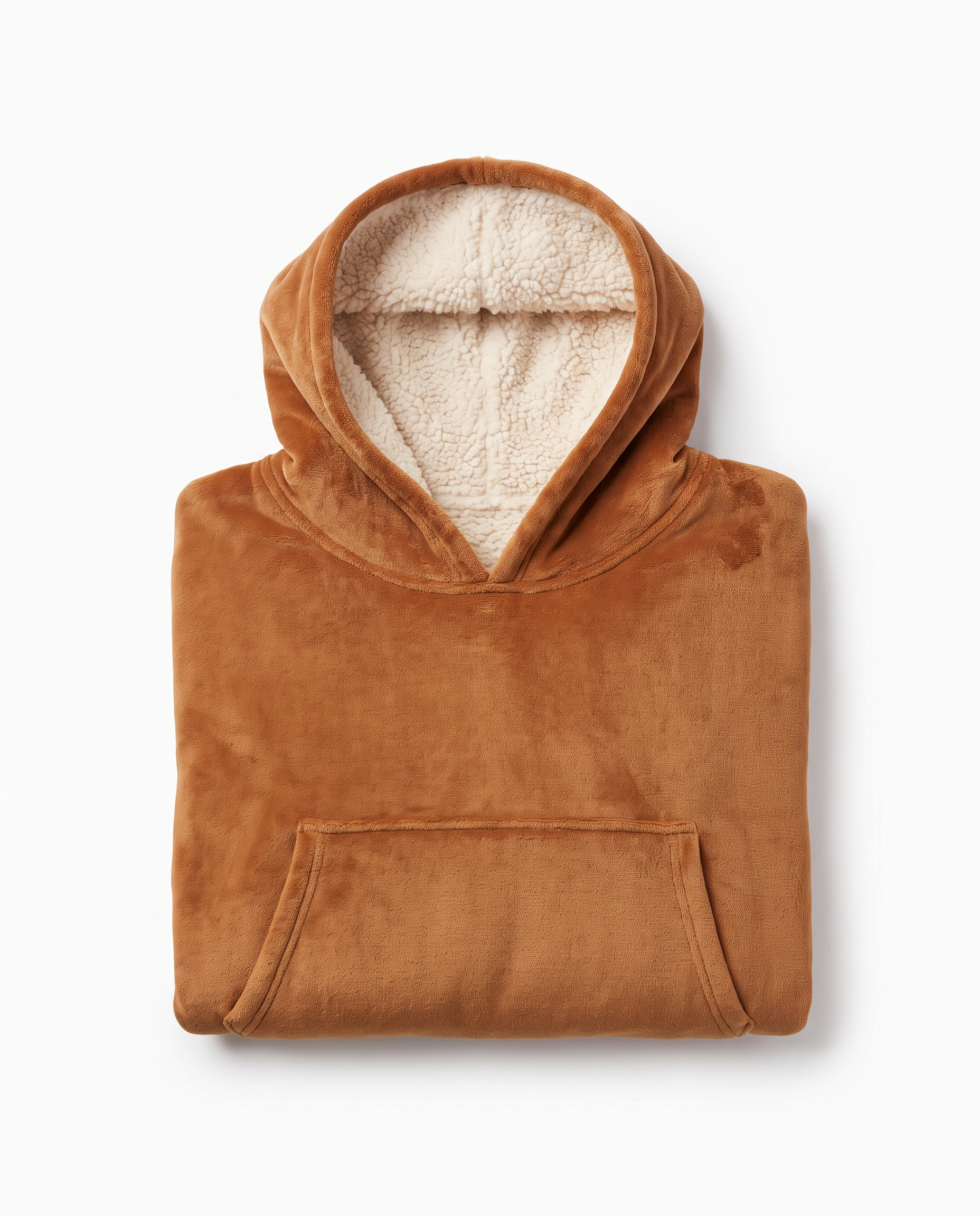 Alba sherpa-lined hooded blanket in cognac, folded flat on white with the cream lining visible in the hood