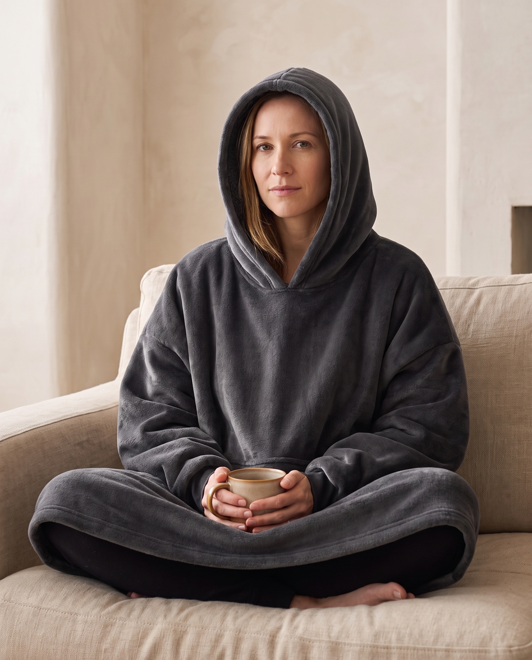 Woman sitting cross-legged with a mug wearing the Juna hooded blanket in charcoal with the hood up