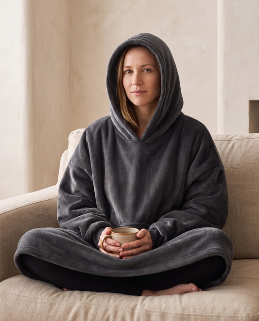 Woman sitting cross-legged with a mug wearing the Juna hooded blanket in charcoal with the hood up