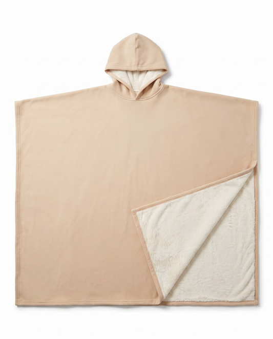 Alba sherpa-lined hooded blanket in cognac, laid flat on white with the cream lining visible in the hood