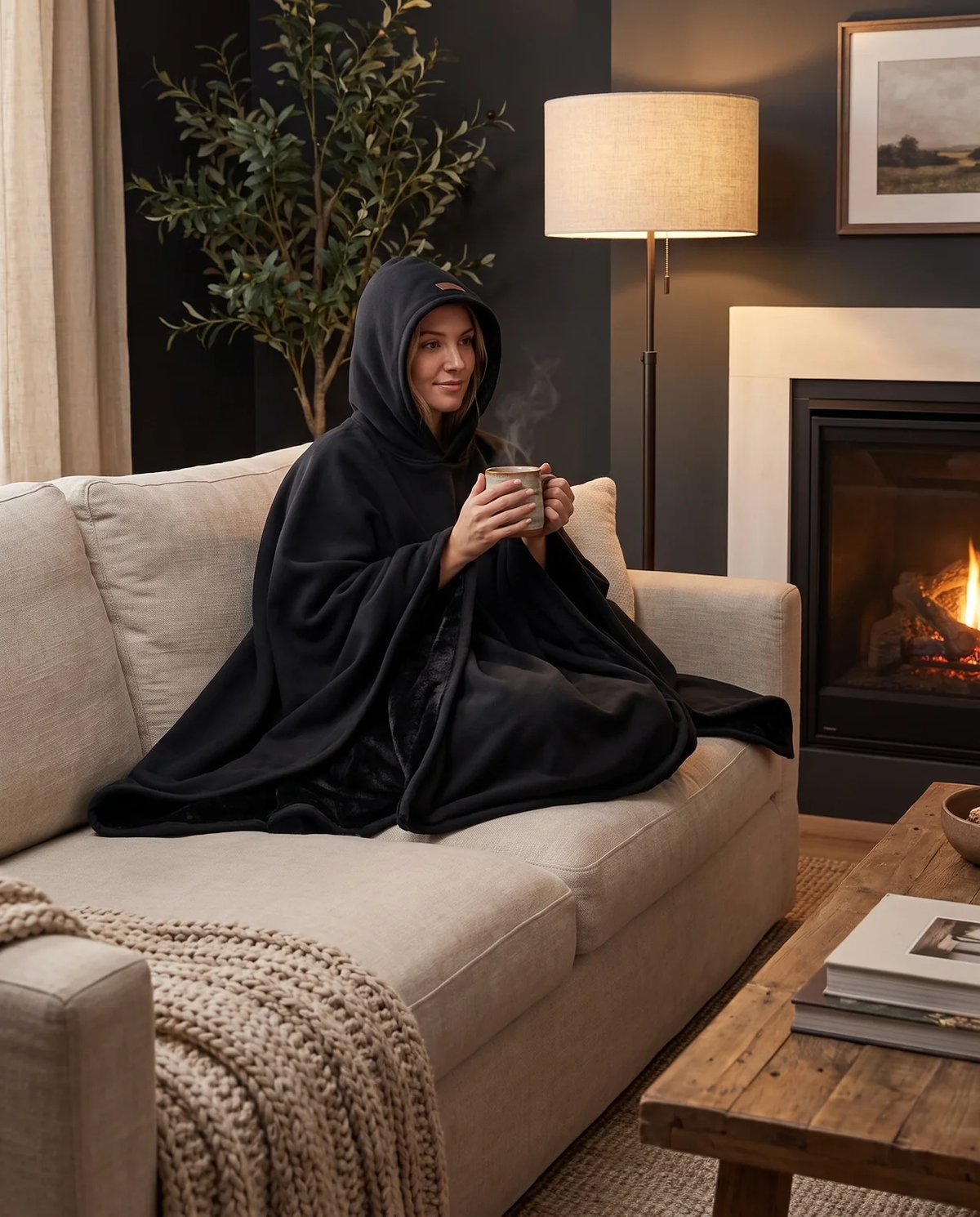 Woman sitting on a sofa wearing the Juna hooded blanket in black with the hood up