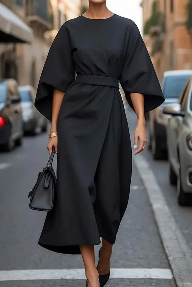 Belted Midi Dress with Lantern Sleeves