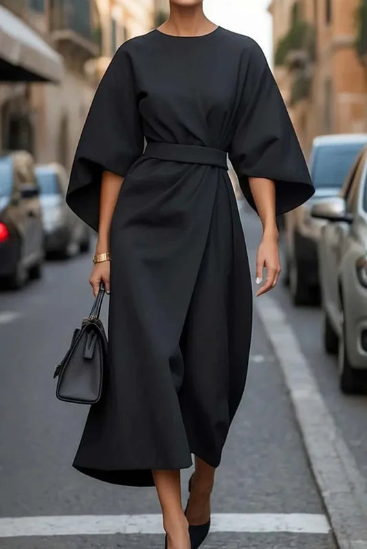 Belted Midi Dress with Lantern Sleeves