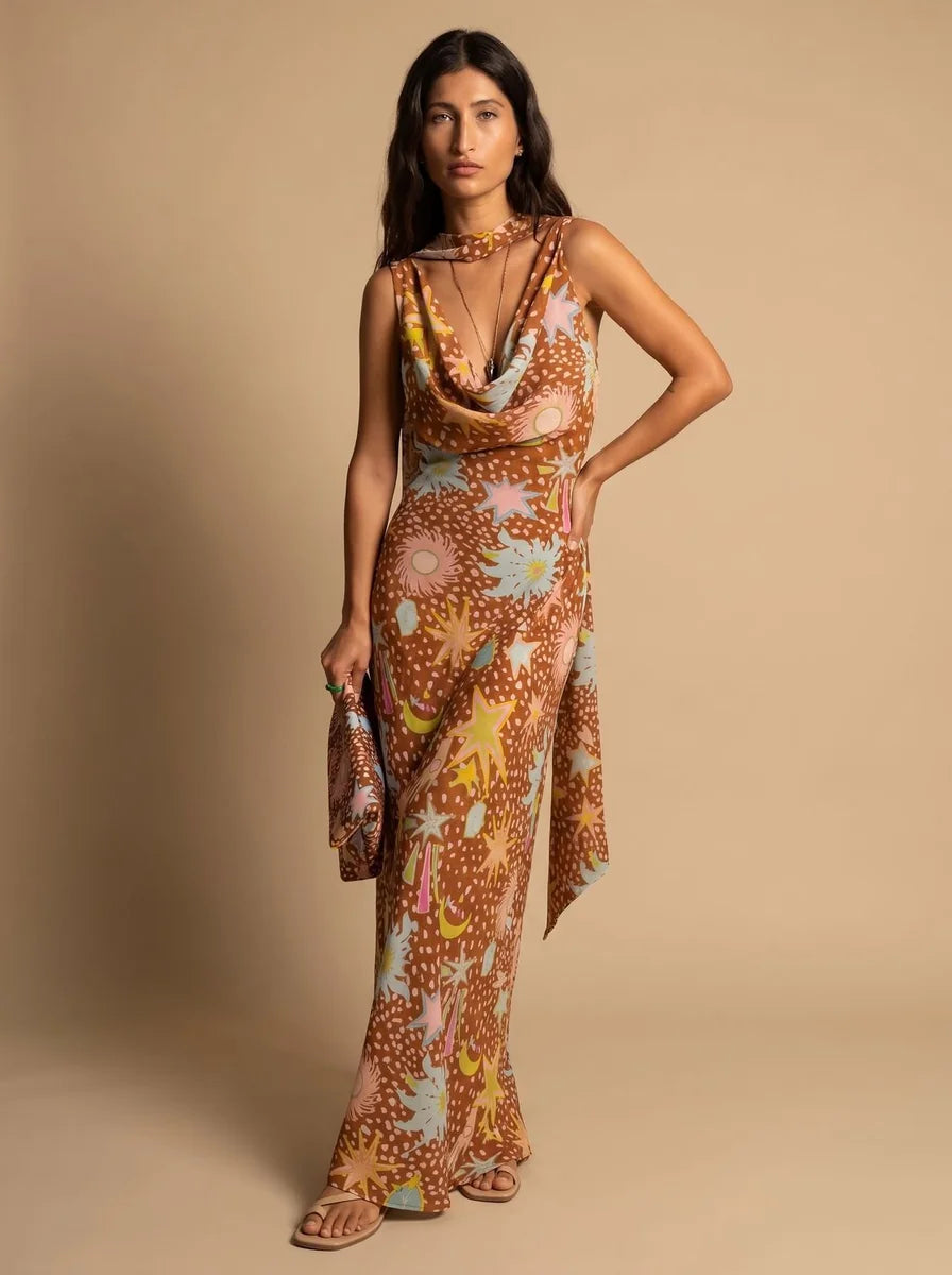Cowl Neck Halter Maxi Dress Detachable Scarf Celestial Print