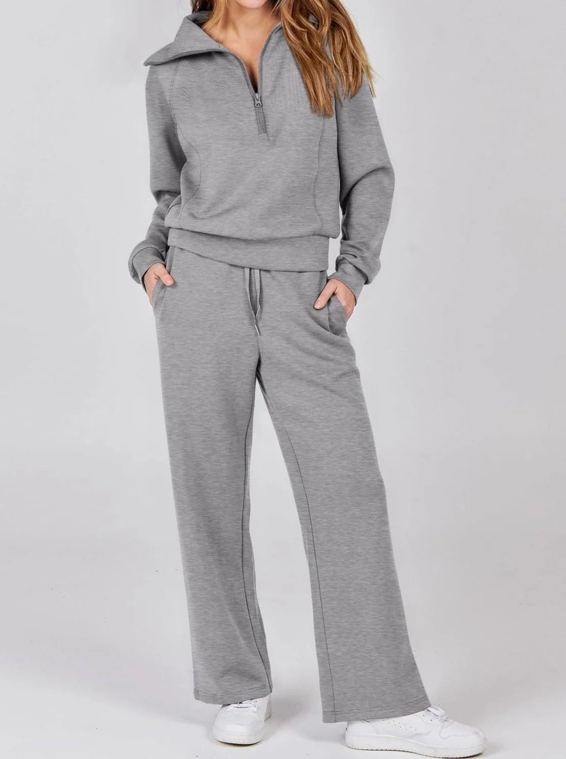 Two-Piece Lounge Set with Half-Zip Hoodie and Wide-Leg Sweatpants
