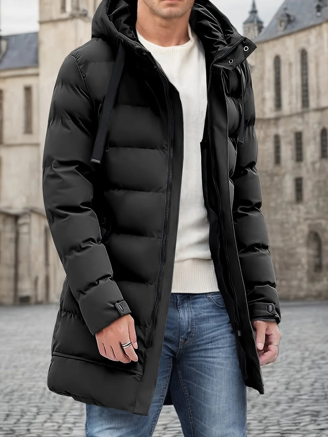 Men's Hooded Puffer Jacket – Black Longline