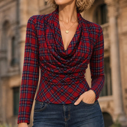 Plaid Cowl Neck Long Sleeve Top