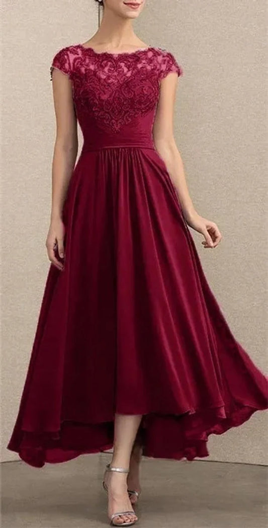 Lace Maxi Dress – Burgundy Cap Sleeve Chiffon A-Line