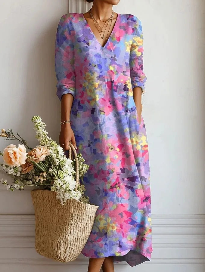 Floral Long Sleeve Midi Dress with V-Neck