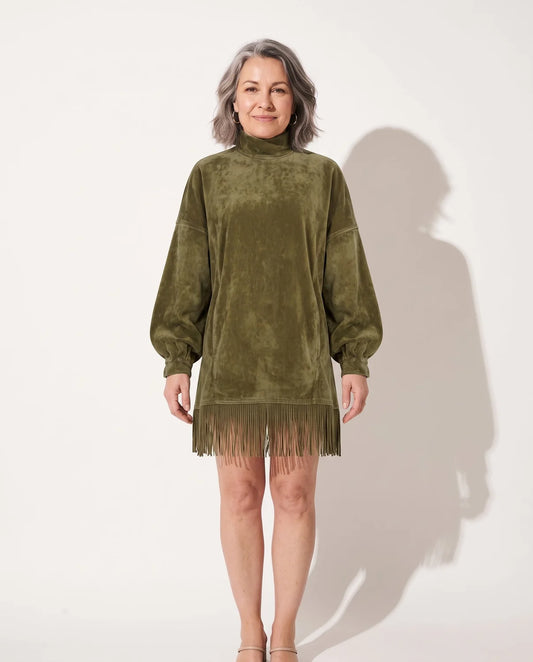 Sweater Dress – Green Fringe Hem Mock Neck