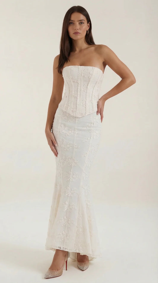 Lace Maxi Dress – White Corset Mermaid