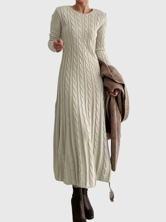 Sweater Dress – Apricot Fitted Cable-Knit Maxi