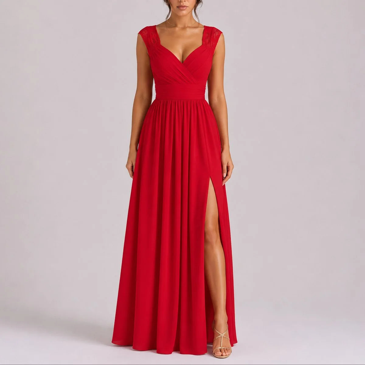 Lace Maxi Dress – Red V-Neck Lace Shoulder Side Split