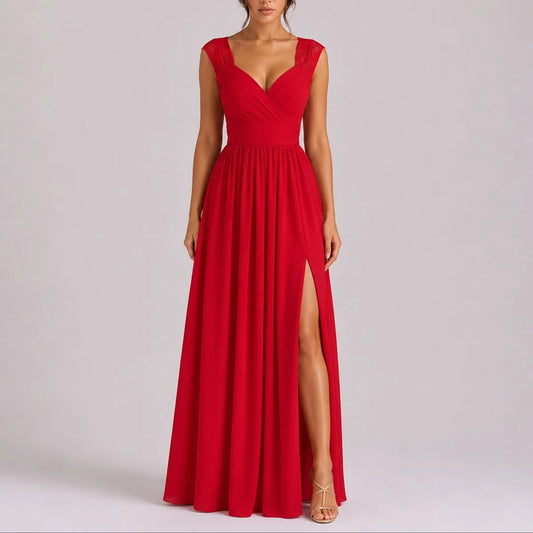 Lace Maxi Dress – Red V-Neck Lace Shoulder Side Split