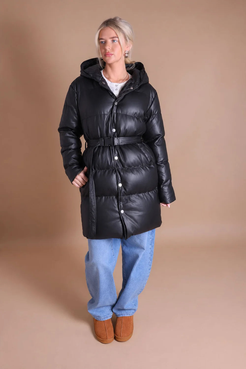 Women's Faux Leather Hooded Puffer Coat with Belt