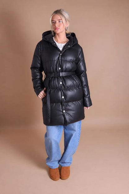 Women's Faux Leather Hooded Puffer Coat with Belt