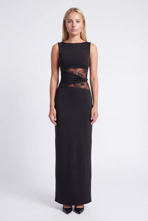 Lace Maxi Dress – Black Sheer Lace Waist Sleeveless
