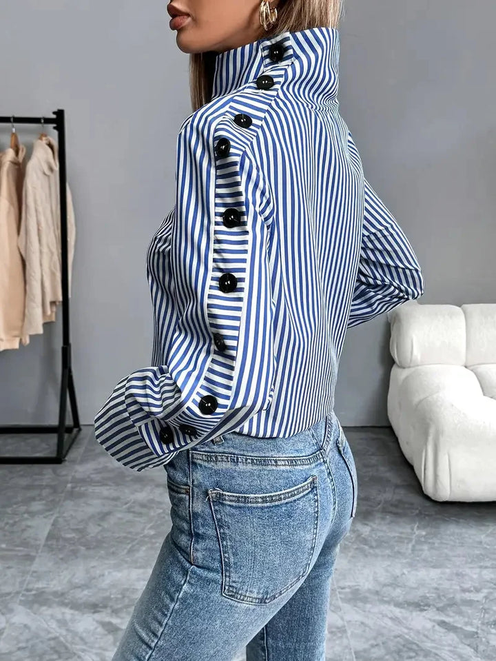 Striped Funnel Neck Blouse with Button Sleeves