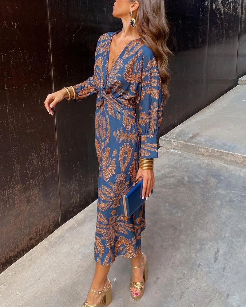 Printed Twist Front Long Sleeve Midi Dress