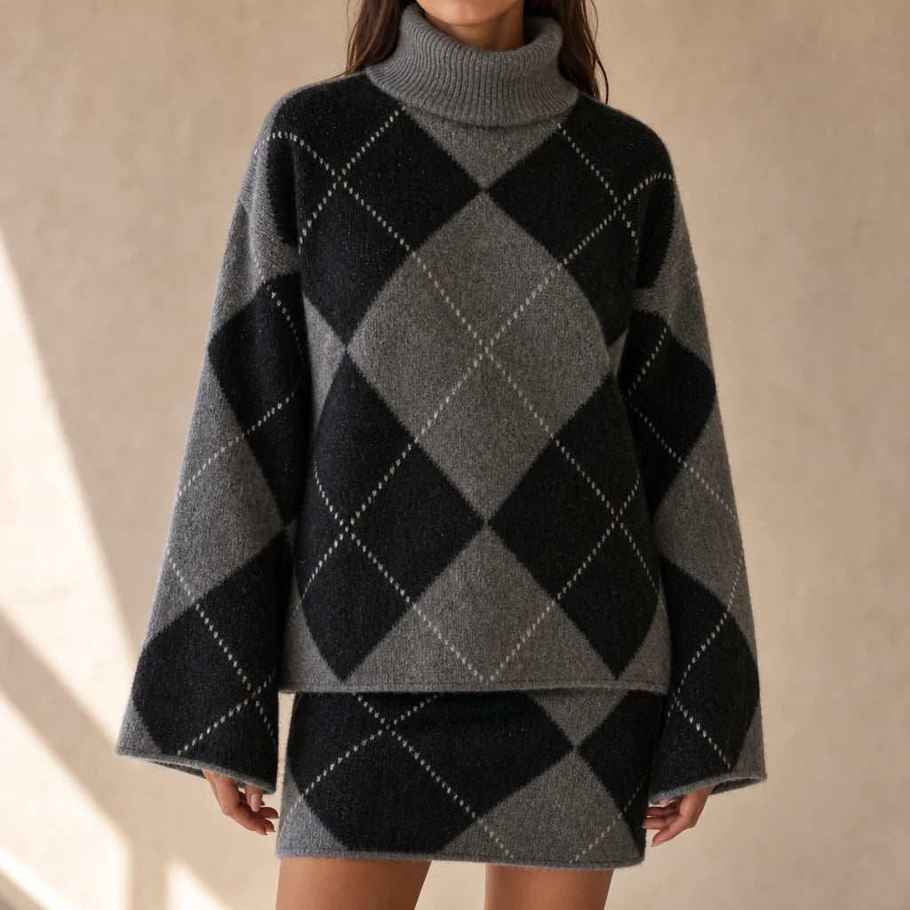 Argyle Knit Turtleneck and Skirt Set