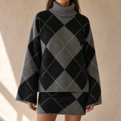Argyle Knit Turtleneck and Skirt Set