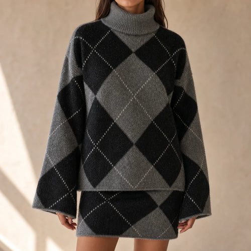 Argyle Knit Turtleneck and Skirt Set