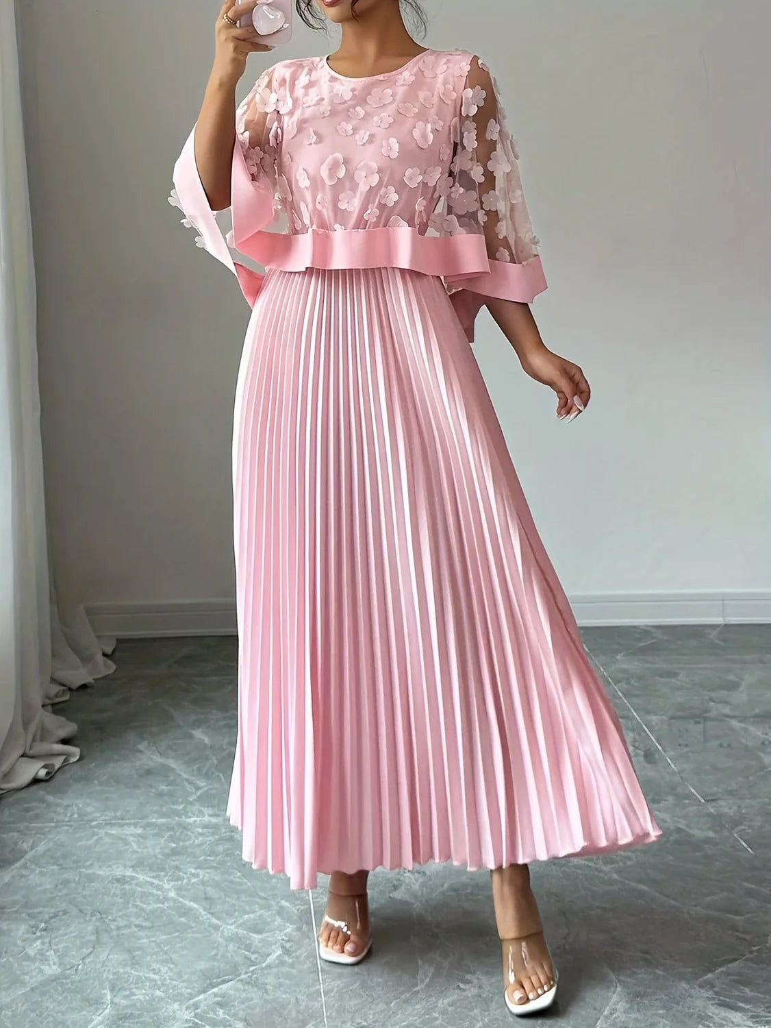 Maxi Dress 3D Floral Appliqué Pleated Wedding Guest