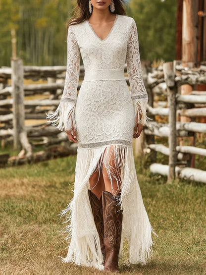 Lace Long Sleeve Maxi Dress with Fringe