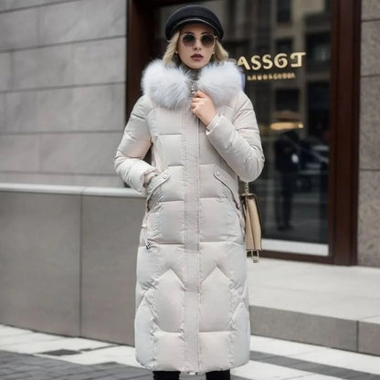 Long Hooded Puffer Coat – Black Faux Fur Trim