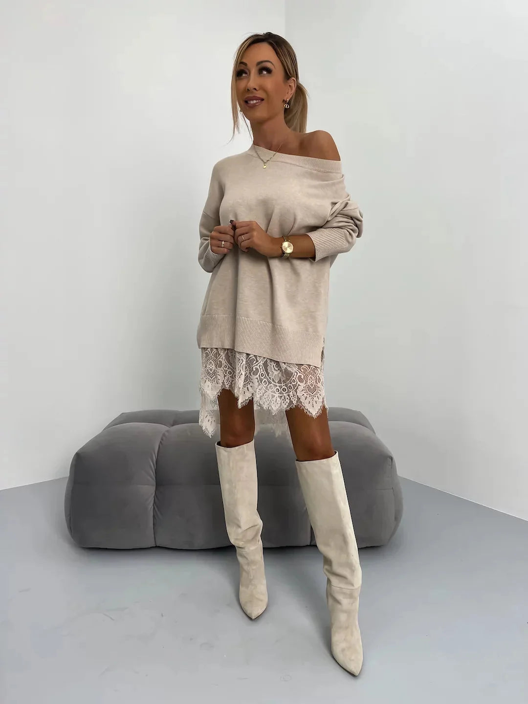 Sweater Dress – Apricot Oversized Mini Lace Hem
