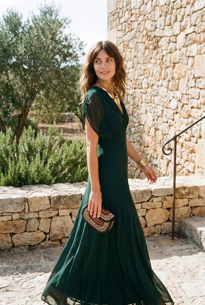 Wedding Guest Dress – Bordeaux Chiffon Sleeve Maxi