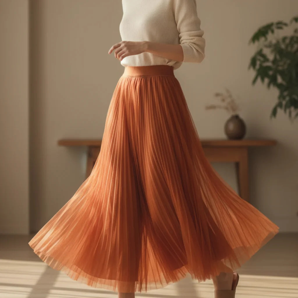 Pleated Tulle Maxi Skirt