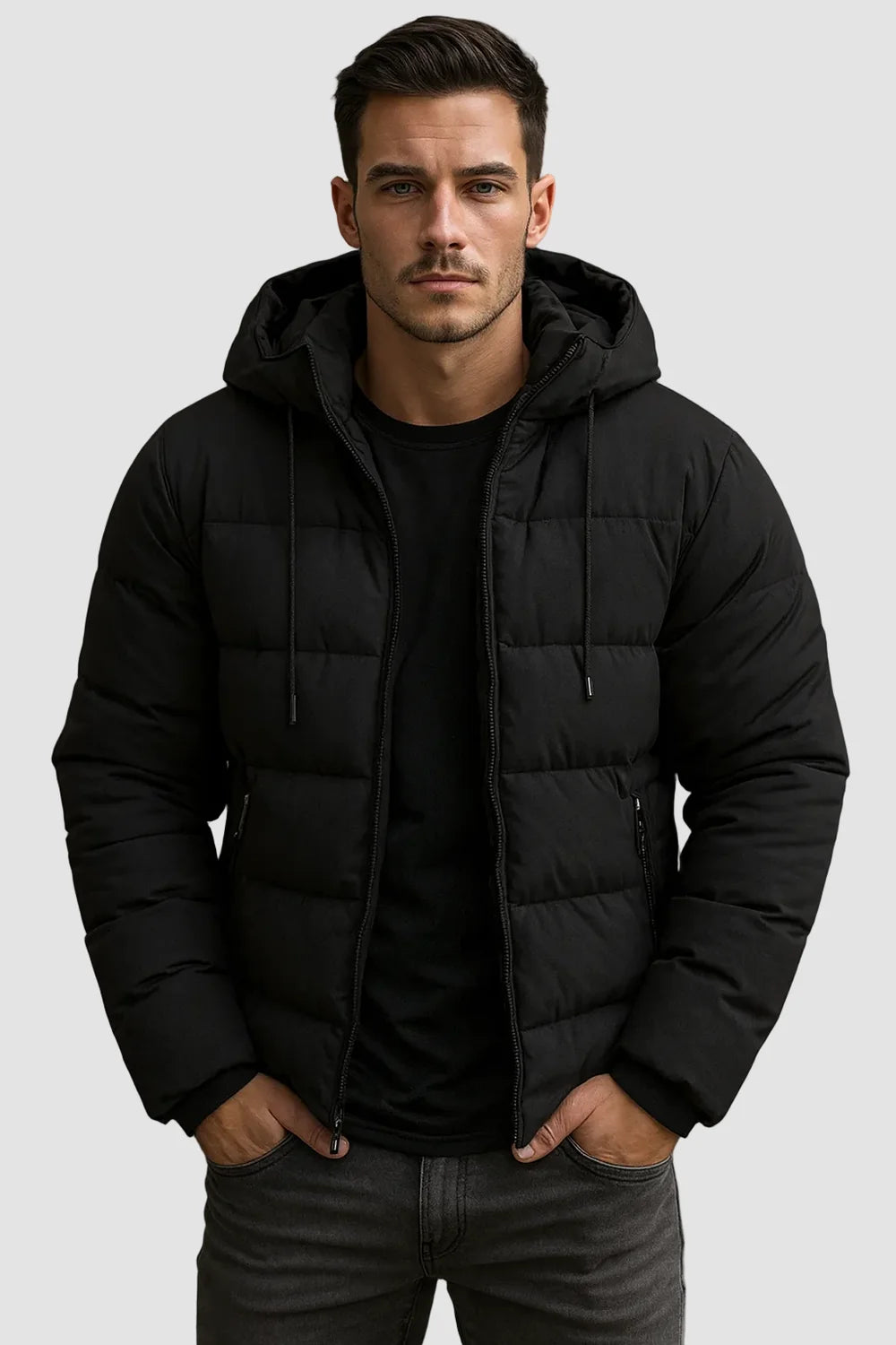 Men's Puffer Jacket – Black Hooded Side Pockets