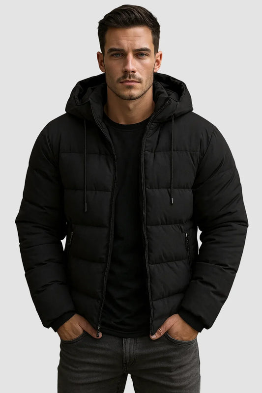 Men's Puffer Jacket – Black Hooded Side Pockets