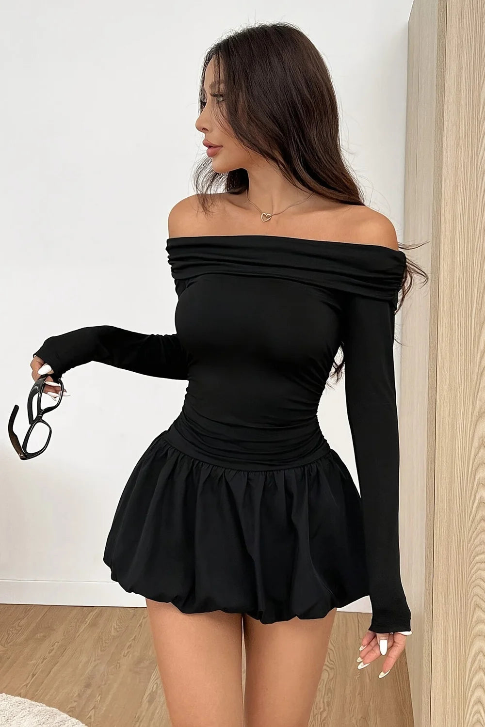 Off Shoulder Long Sleeve Mini Party Dress