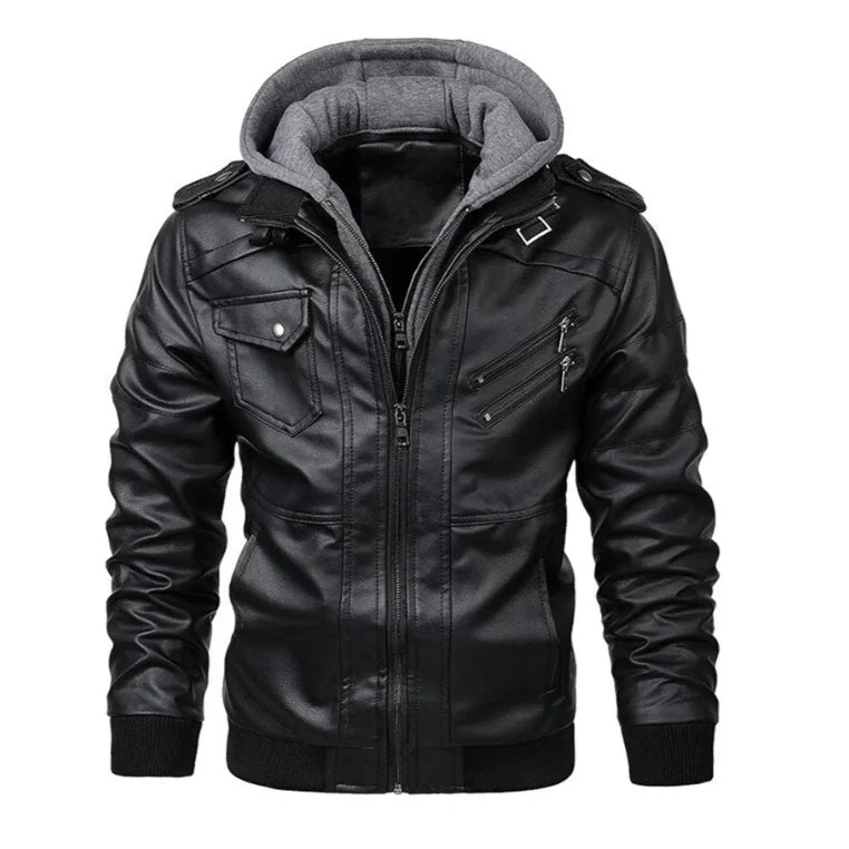 Men's Hooded Faux Leather Utility Jacket