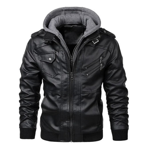 Men's Hooded Faux Leather Utility Jacket