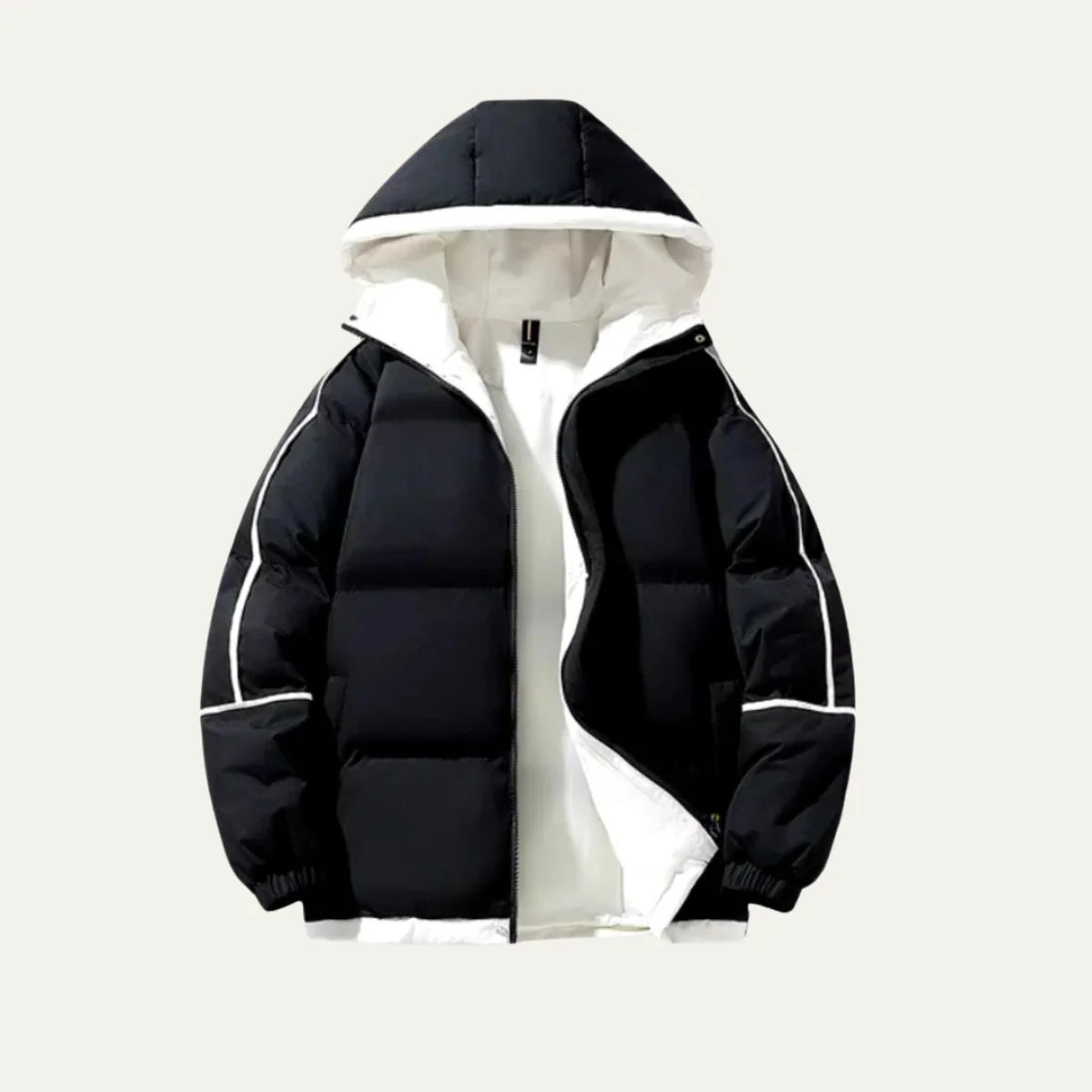 Men's Hooded Puffer Jacket – Black Contrast Piping