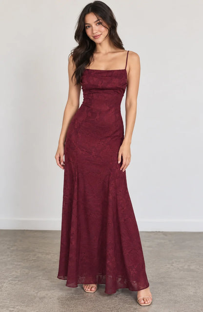 Lace Maxi Dress – Red Lace-Up Back