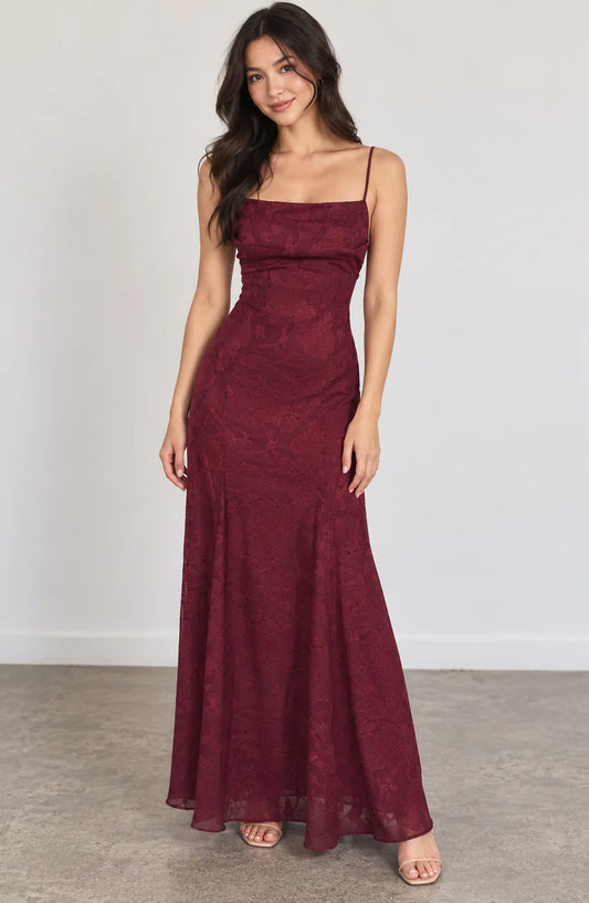 Lace Maxi Dress – Red Lace-Up Back