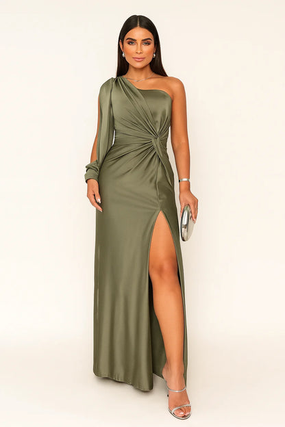 One-Shoulder Satin Cocktail Maxi Dress