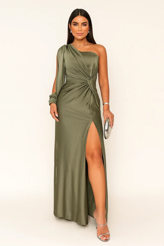 One-Shoulder Satin Cocktail Maxi Dress