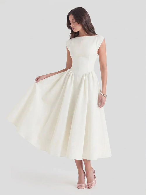 Hepburn | Satin Midi Dress Full Skirt