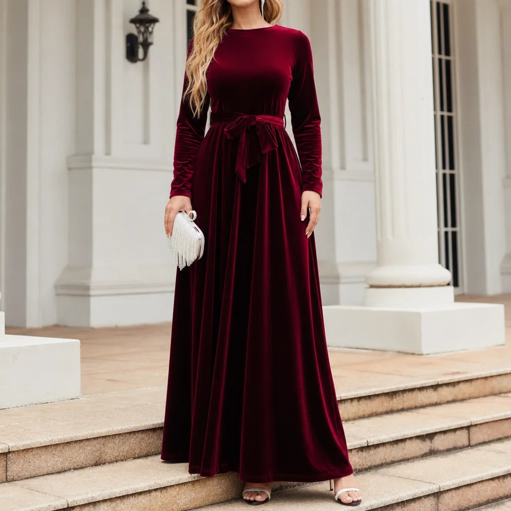 Belted Velvet A-Line Maxi Dress with Long Sleeves