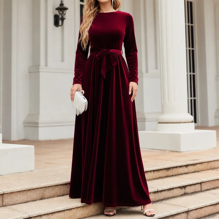 Belted Velvet A-Line Maxi Dress with Long Sleeves
