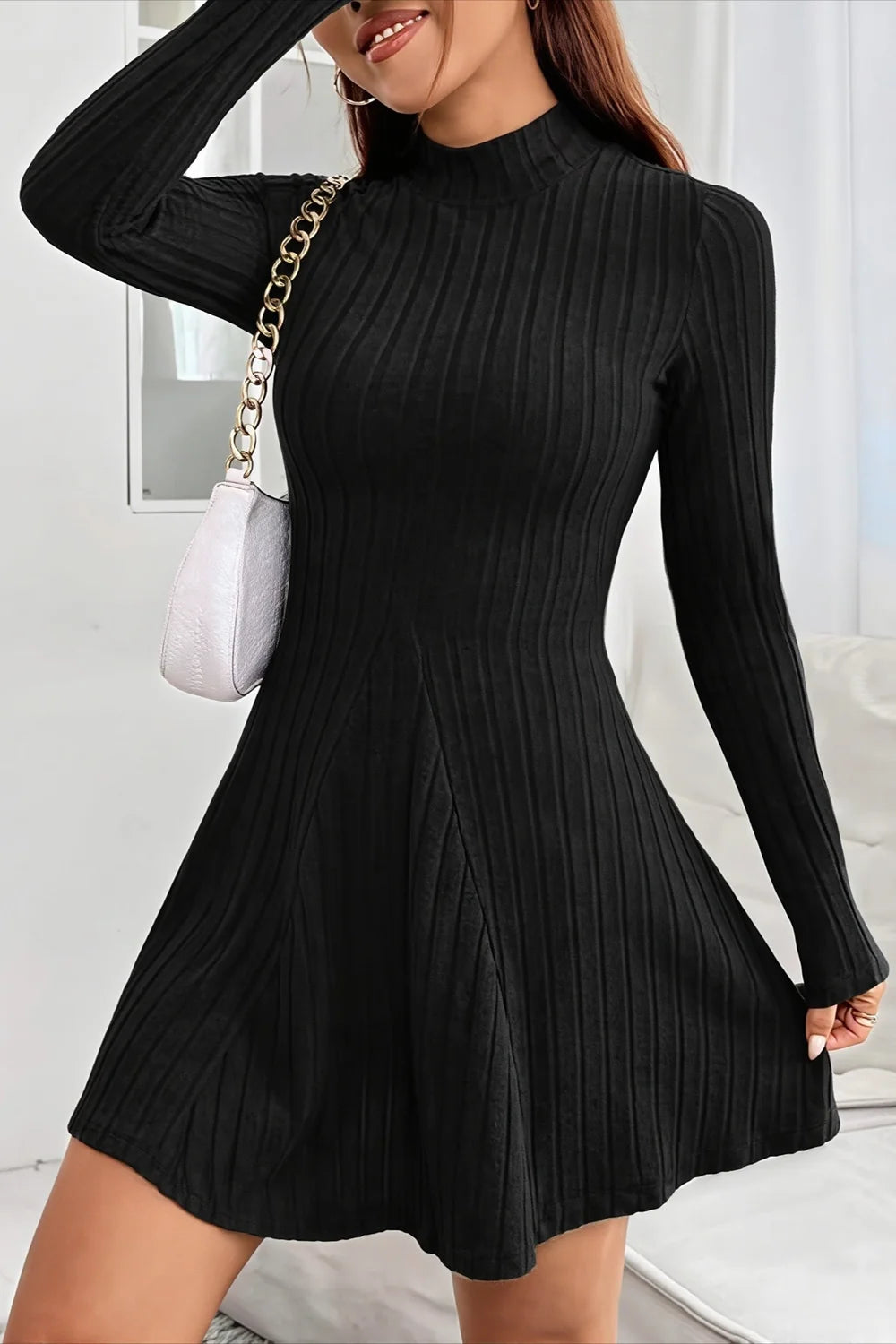 Ribbed Knit Mock Neck A-Line Sweater Dress