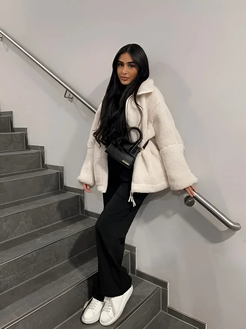Women's Oversized Teddy Coat with Lapel Collar