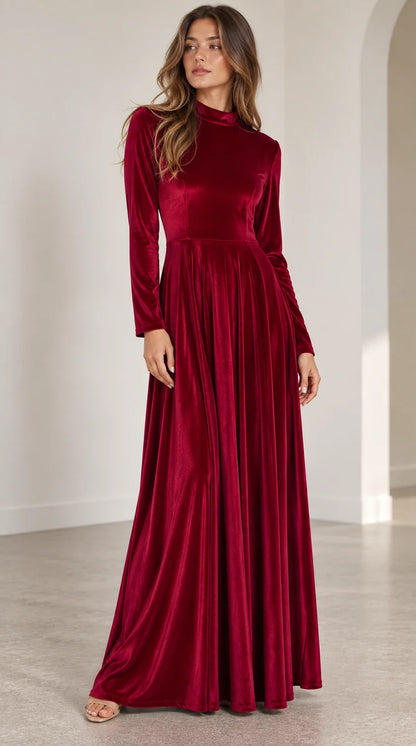 Velvet Maxi Dress – Burgundy A-Line Long Sleeve
