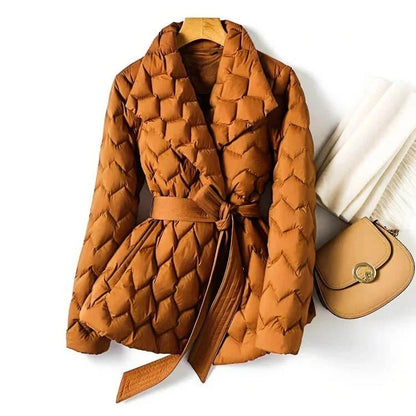 Women's Belted Quilted Puffer Coat with Shawl Collar