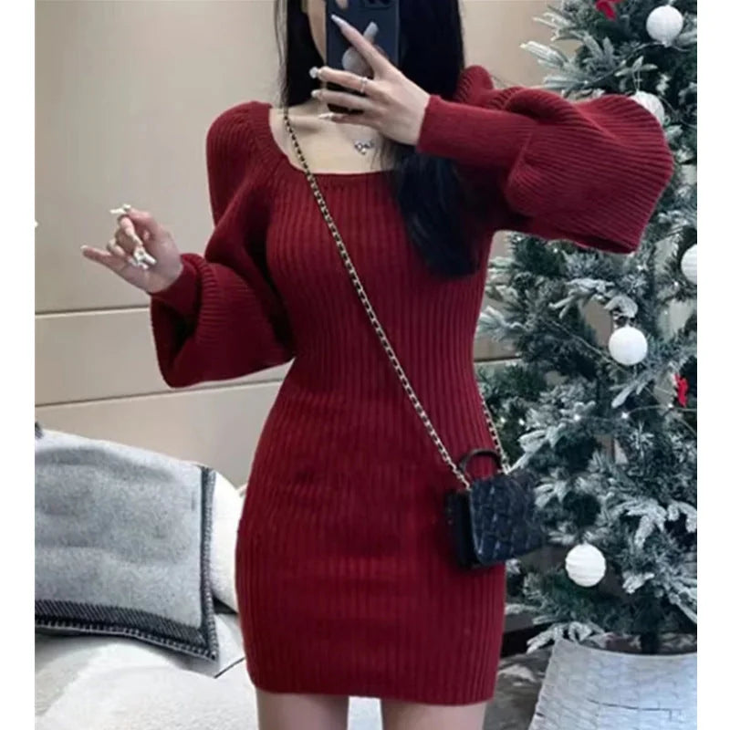Sweater Dress – Red Puff Sleeve Square Neck